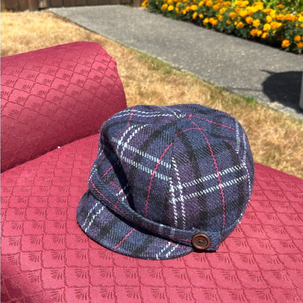 Plaid Wool Cap in Navy plaid. Keeps your head very warm on a cool day!